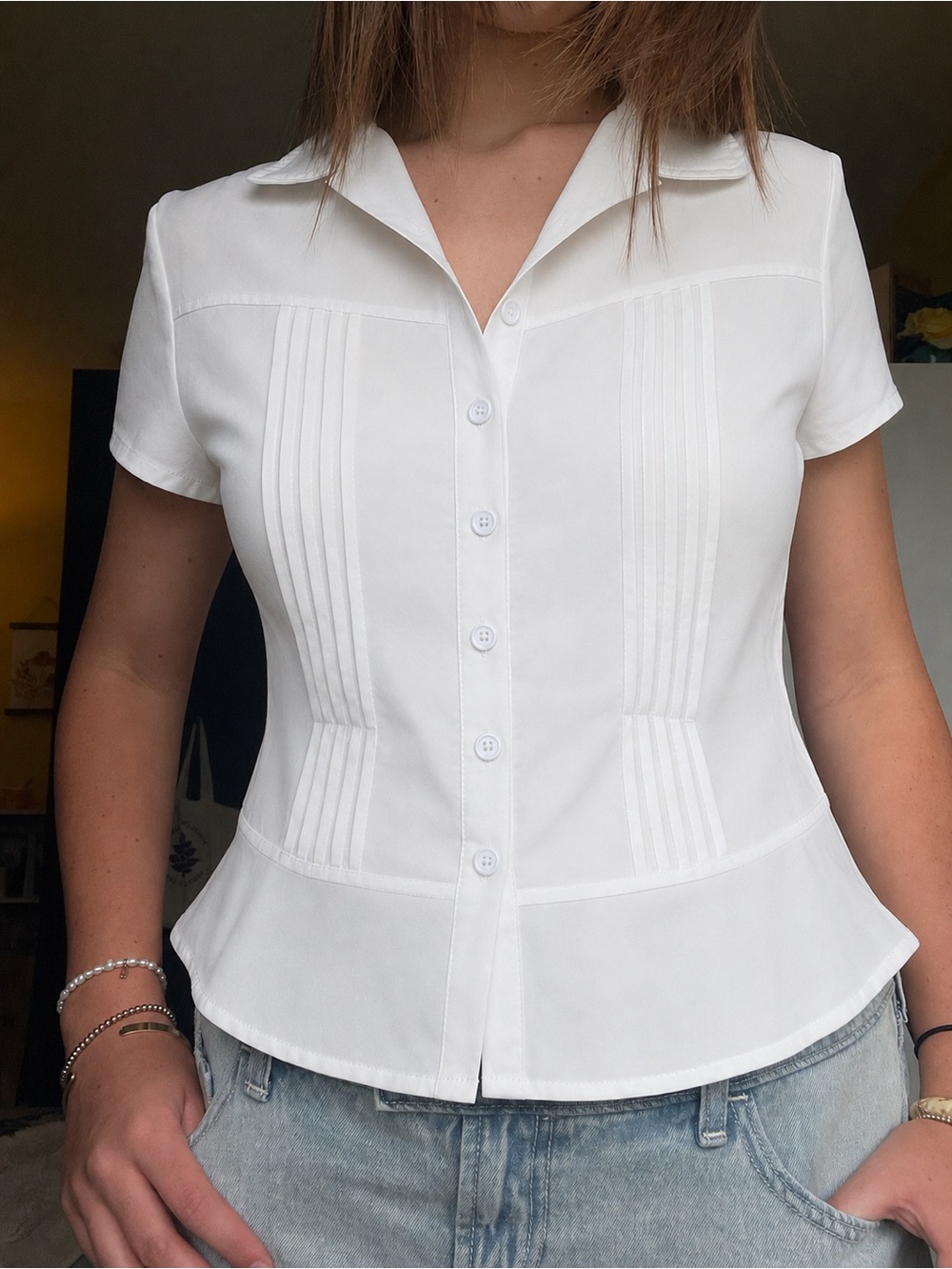 Women's White Button-Up Short Sleeve Top